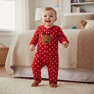 Carters Red Polka Dot Reindeer Baby Onesie Size 6M